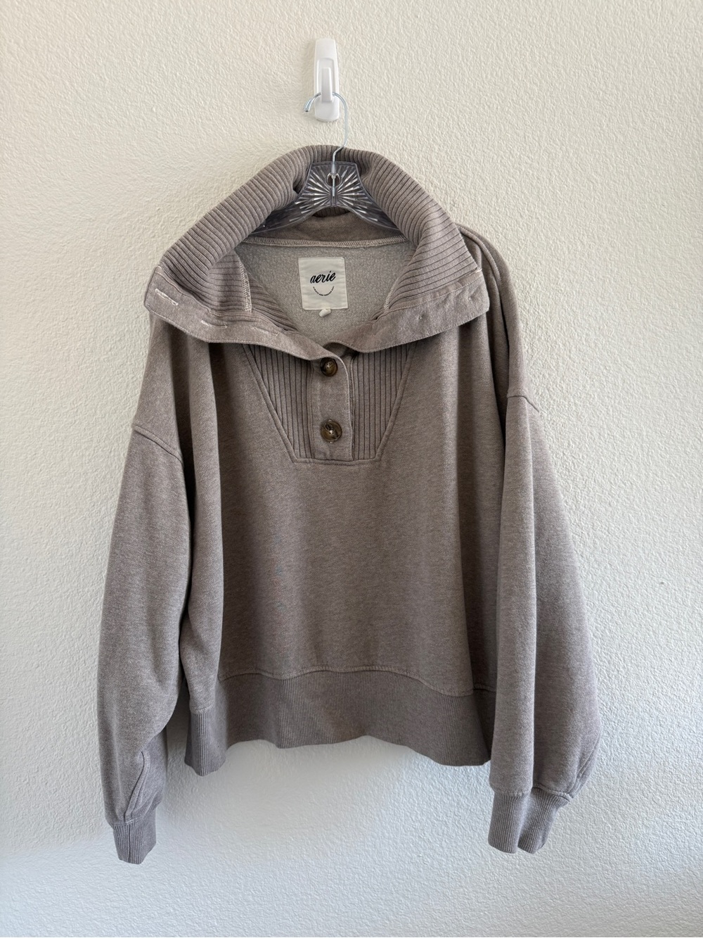 aerie Heather Taupe Best Button Pullover Sweatshirt